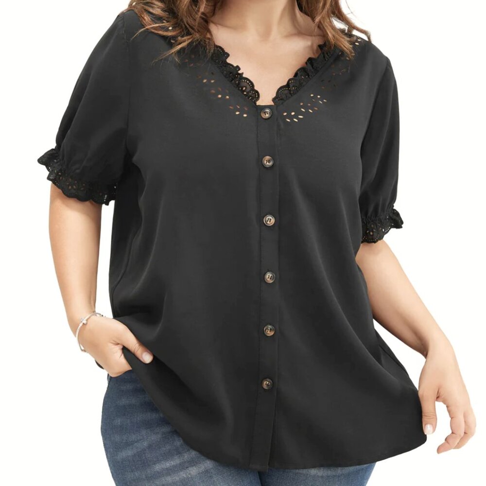 BloomChic Solid Lace Trim Button Up Laser Cut Puff Sleeve BlackBlouse Size 14/16